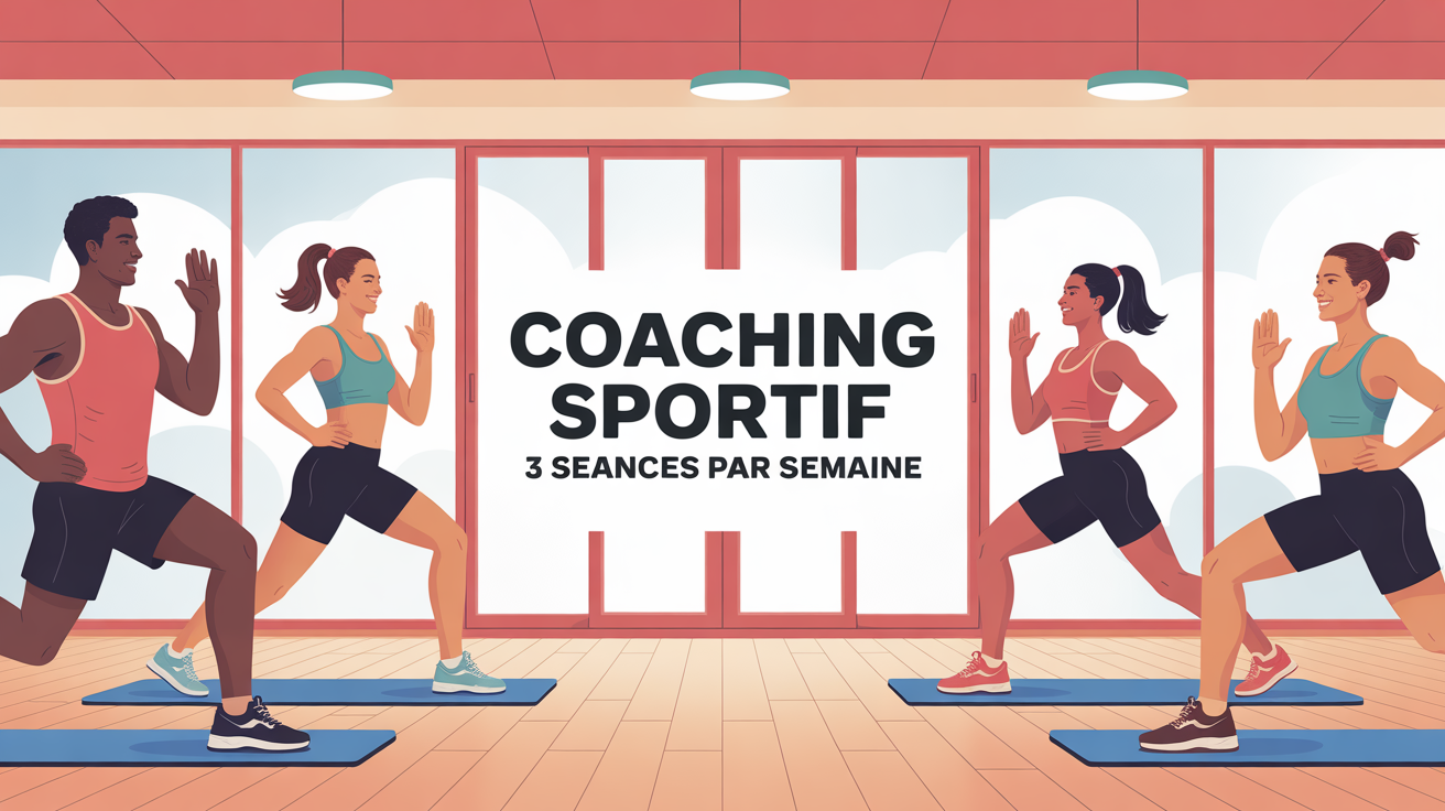 Groupe sportif en salle moderne, coaching sportif 3 seances par semaine