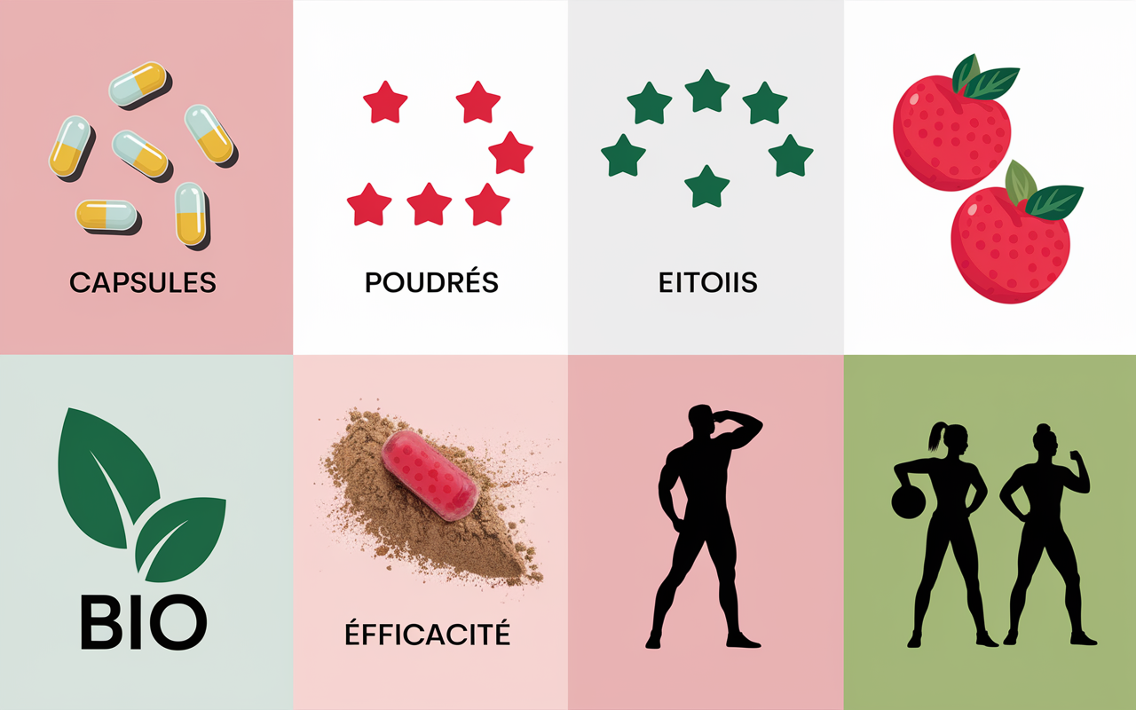 Tableau capsule vitamine C, fruits rouges, symboles Bio, Vegan et notes 4,7/5, silhouettes sportifs.