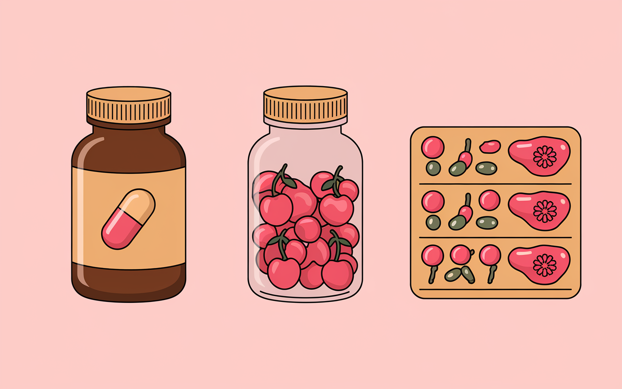 Trois flacons vitamine C, capsules liposomales, acérola cerises rouges, pictogrammes absorption digestion.