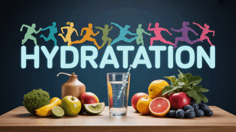 table avec gourde verre d'eau fruits legumes sportifs hydratation
