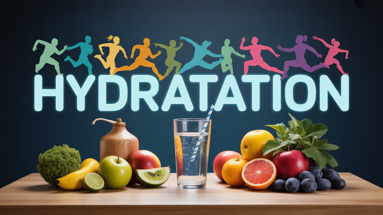 table avec gourde verre d'eau fruits legumes sportifs hydratation