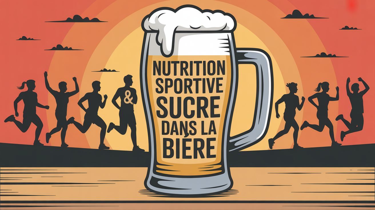 Pinte de bière avec silhouettes sportives et texte nutrition sportive sucre bière