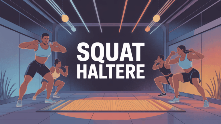 Personnages faisant un squat haltère sur tapis, ambiance dynamique