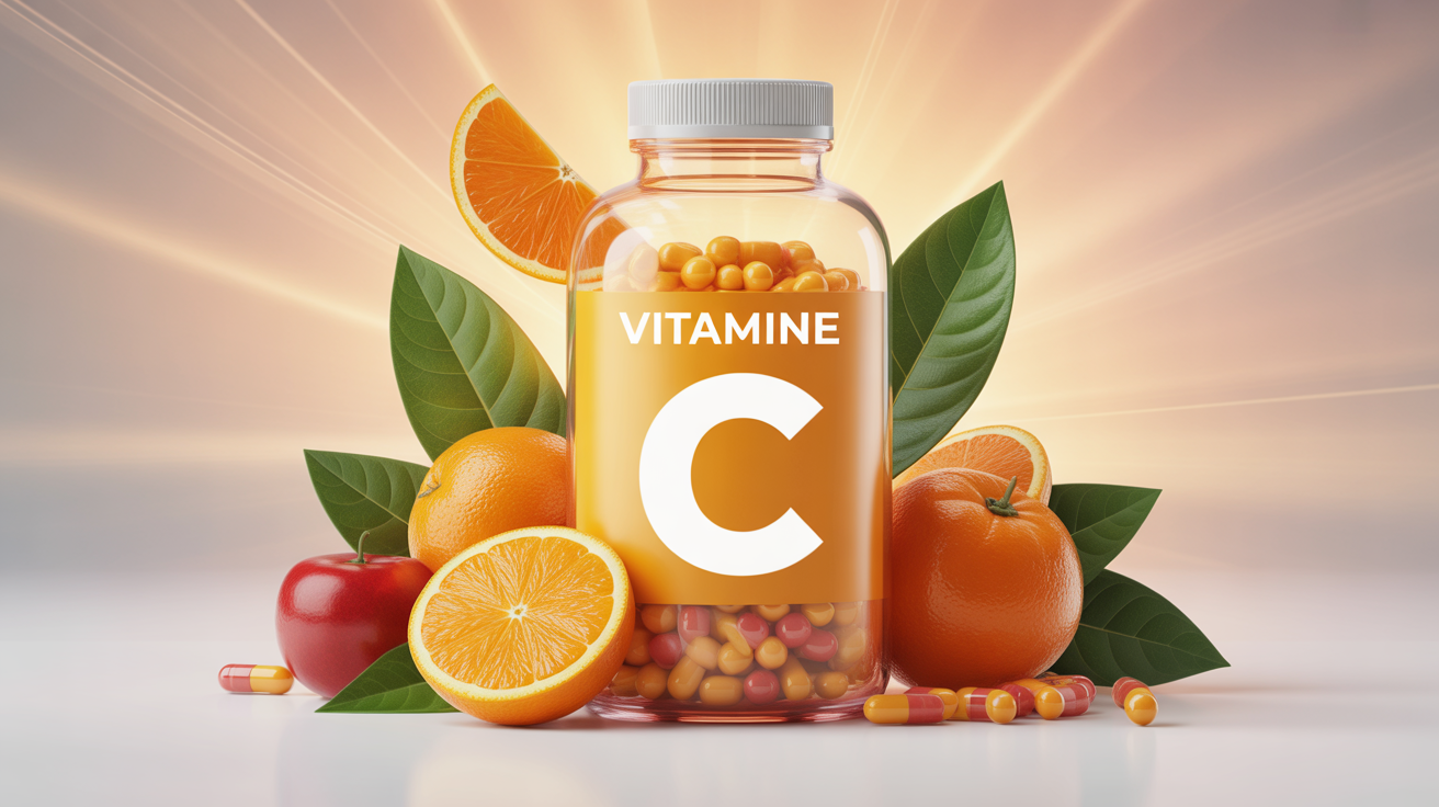 Flacon vitamine C entouré de fruits oranges et rouges, capsules et élément naturel, ambiance vitalité.