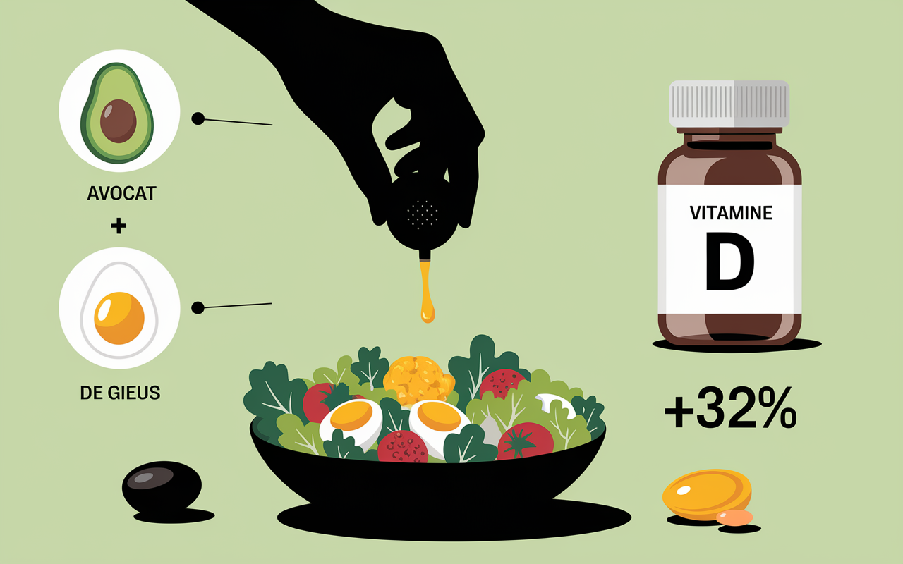 Synergie lipides avec vitamine D Inkospor, huile, avocat, oeuf, absorption 32%