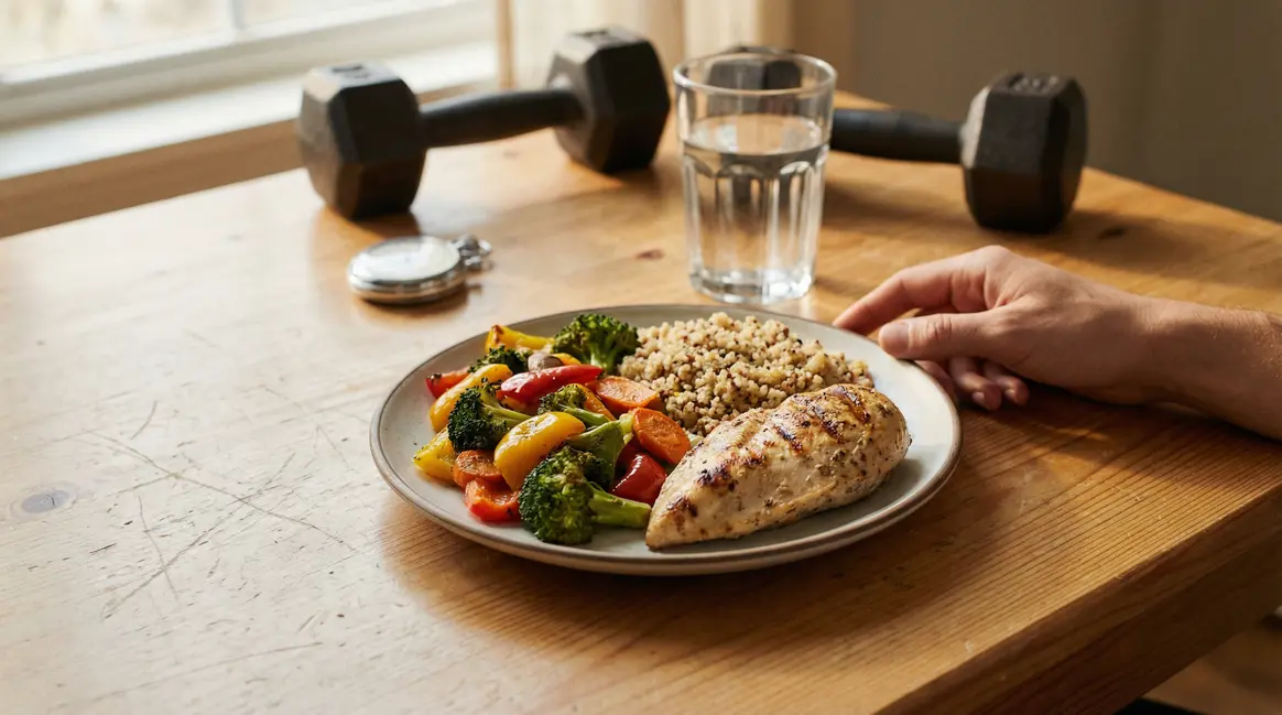 Assiette equilibree, poulet, legumes, quinoa, perte de poids et sport
