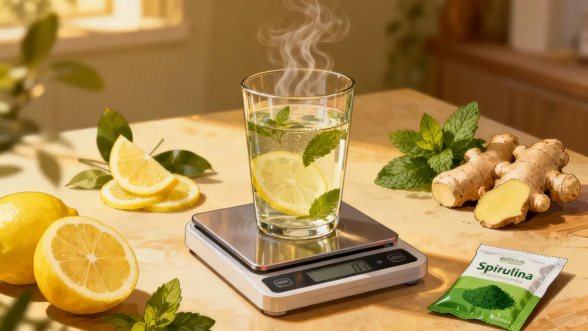 verre infusion detox sur balance avec citron gingembre menthe spiruline
