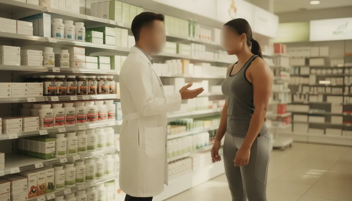 Pharmacien conseillant brûleurs de graisse à un sportif