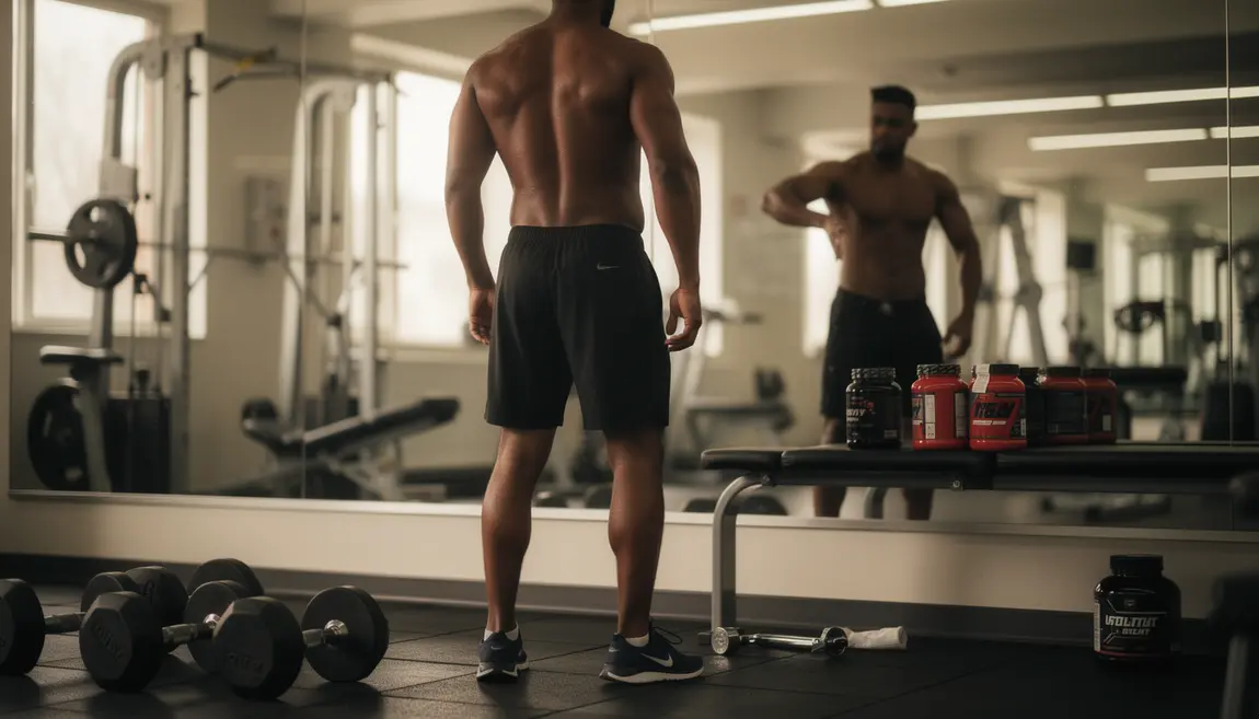 Sportif regardant son abdomen avec compléments brûleur de graisse