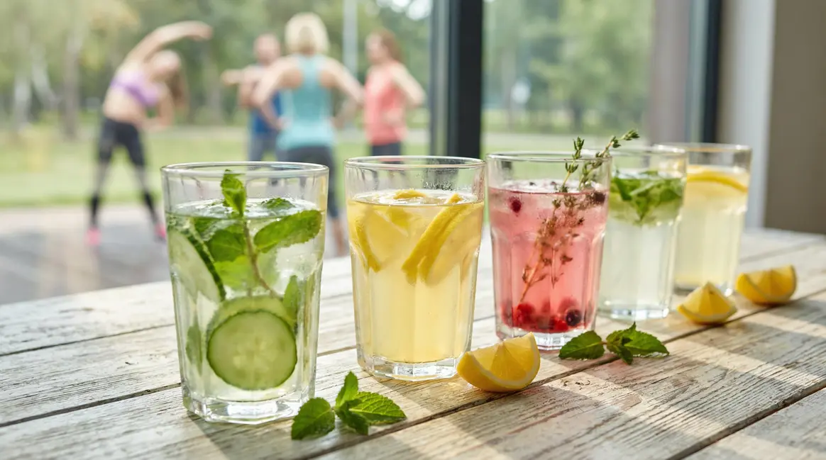 verres alignés de boissons detox aux agrumes pour sportifs