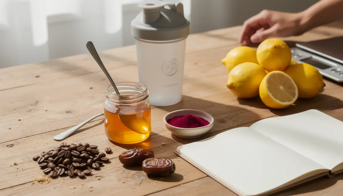 ingredients naturels de preworkout maison cafe miel betterave citrons