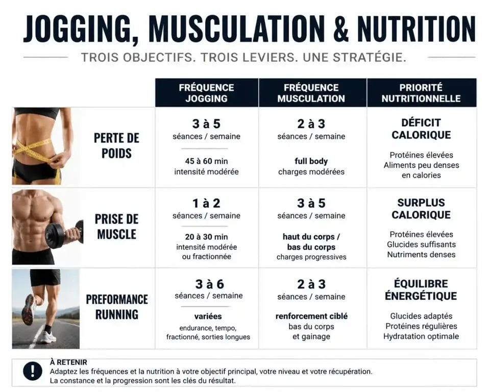 Tableau comparatif des fréquences d'entraînement pour le jogging et la musculation selon les objectifs sportifs
