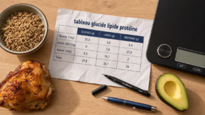 Tableau glucide lipide proteine pour 30 aliments clés