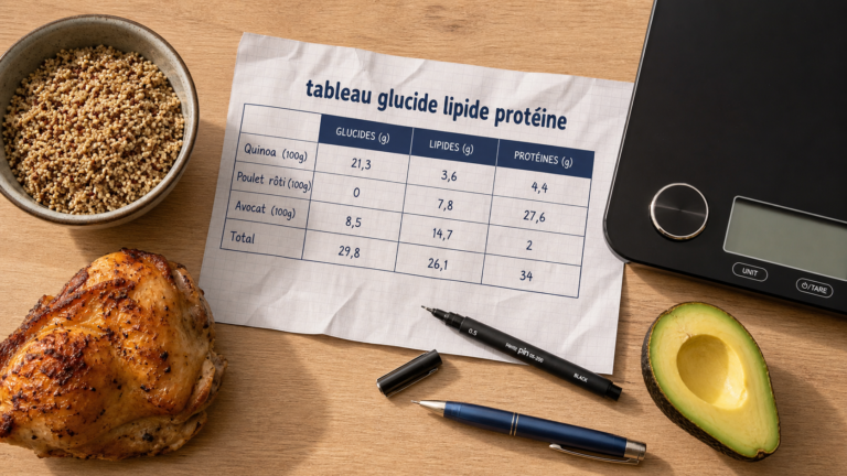 Tableau glucide lipide proteine pour 30 aliments clés