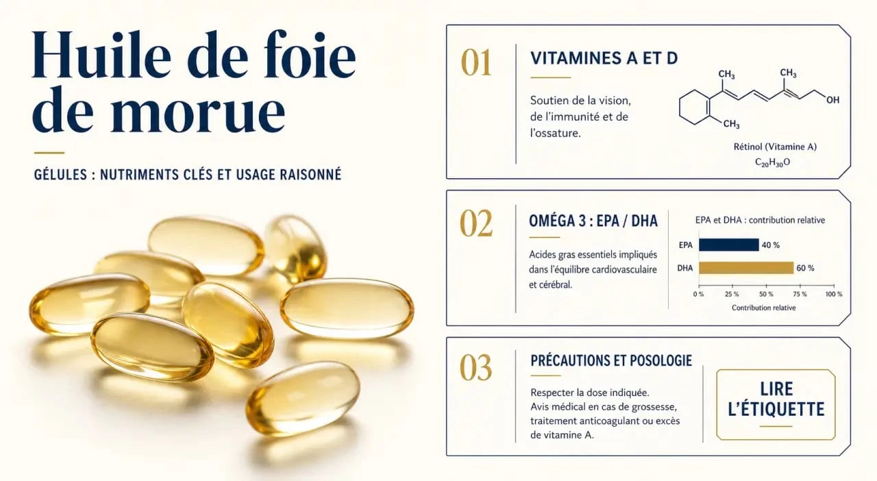 Infographie sur l’huile de foie de morue en gélule : vitamines A et D, oméga 3 et précautions