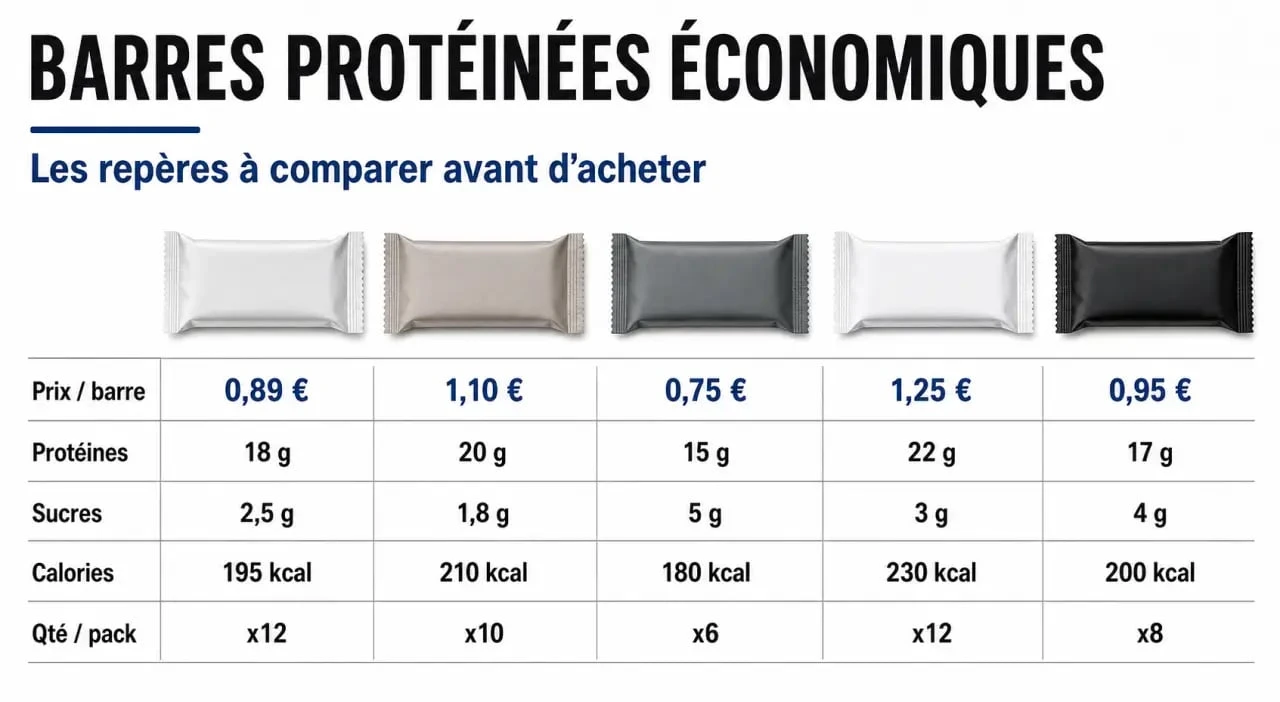Infographie barre proteinee pas cher avec comparaison du prix par barre, des protéines, des sucres et des calories
