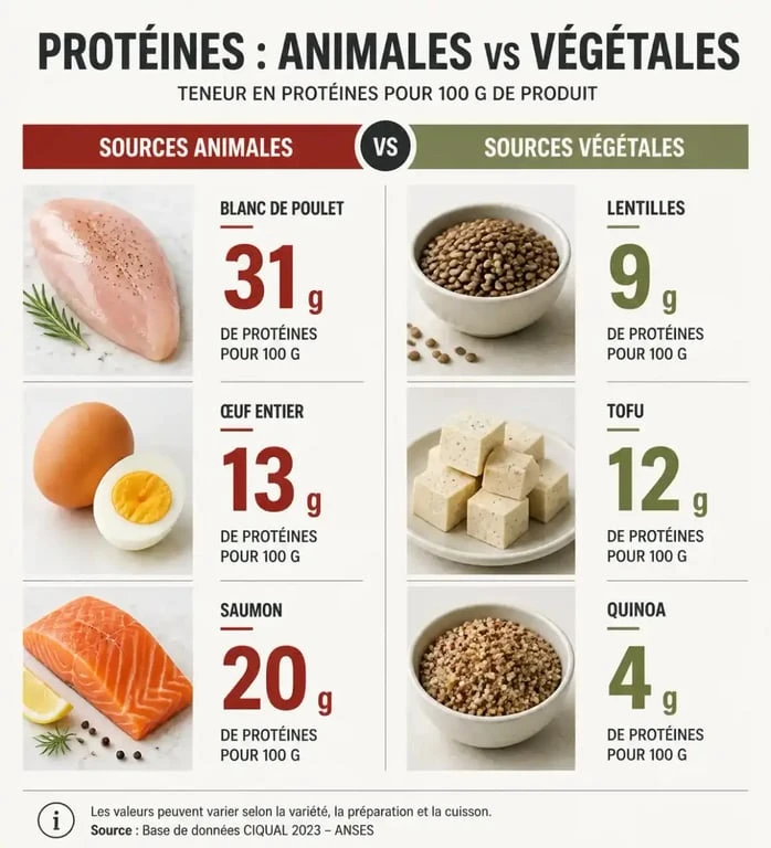 Comparatif calcul protéine par aliment entre sources animales et végétales pour 100 g