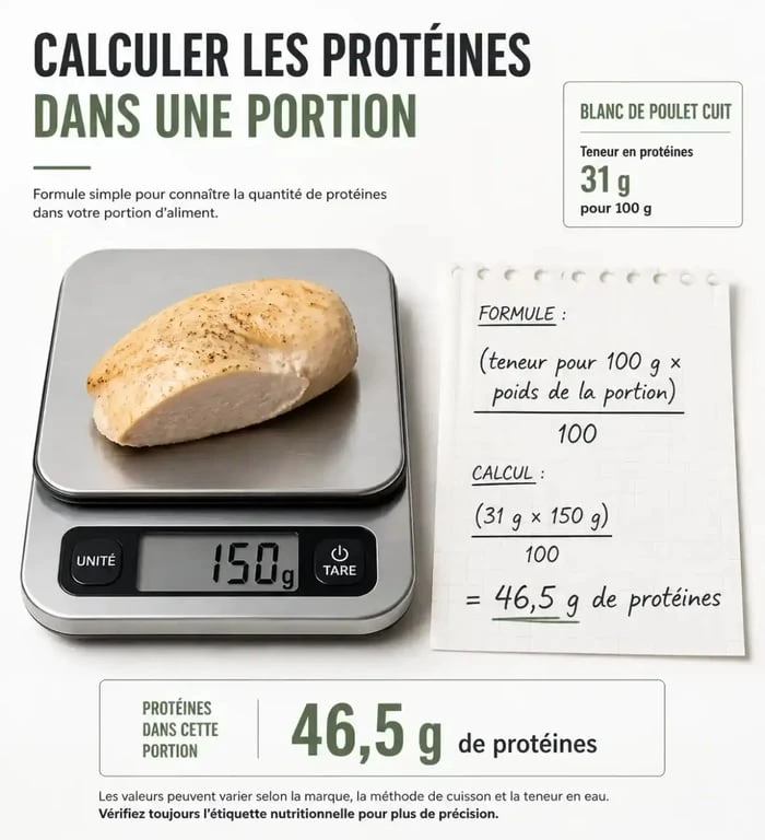 Calcul protéine par aliment illustré par une balance de cuisine et la formule de conversion pour 100 g