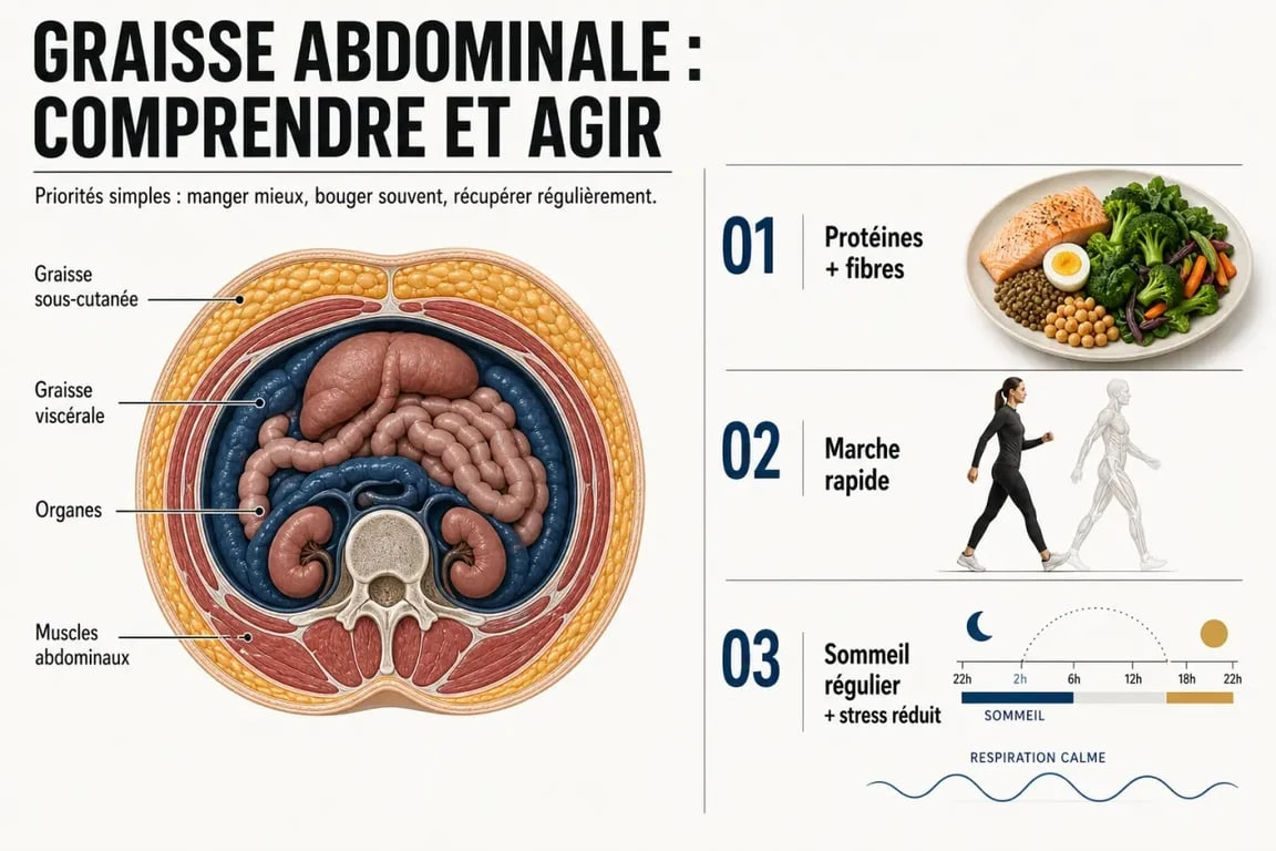 Bruler les graisses ventre : schéma comparatif de la graisse viscérale et sous-cutanée avec alimentation, marche rapide et sommeil