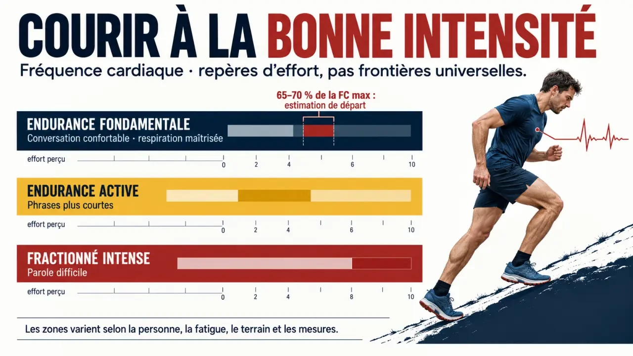Infographie sur la fréquence cardiaque endurance fondamentale, le test de conversation et les principales zones d’intensité