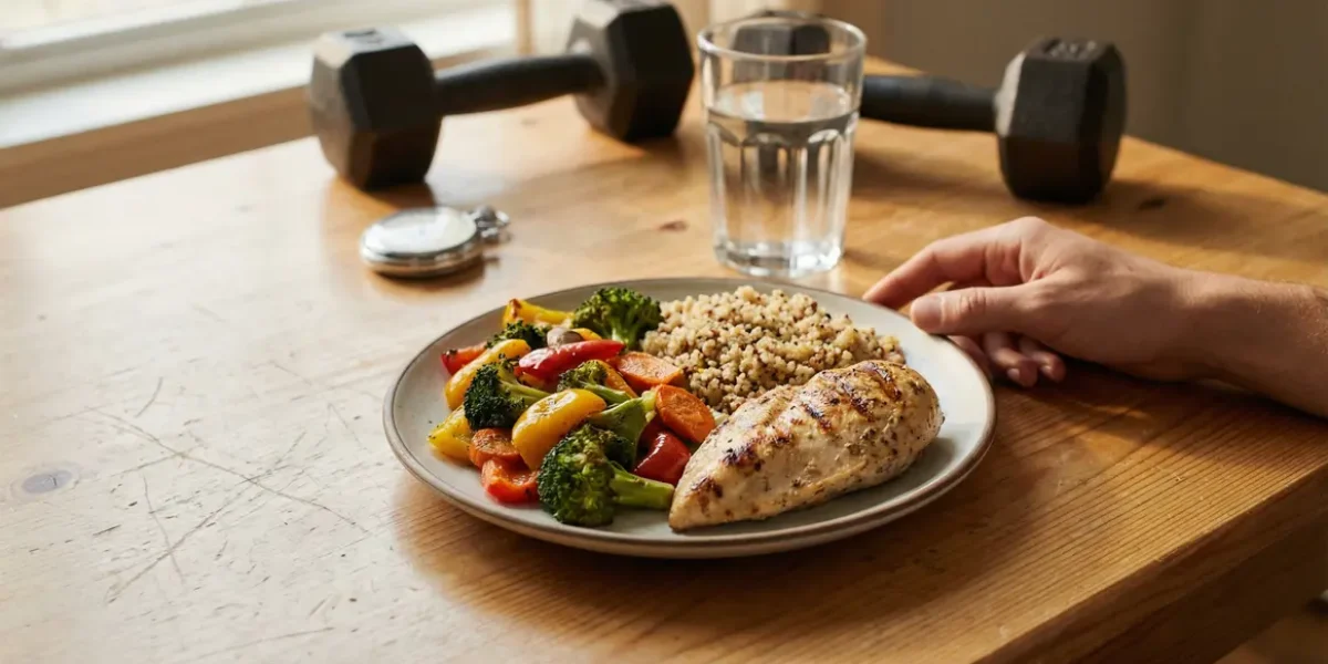 Assiette equilibree, poulet, legumes, quinoa, perte de poids et sport