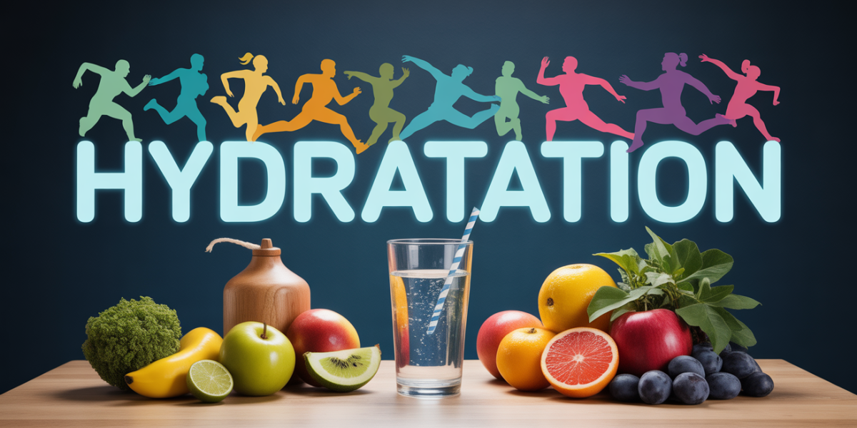table avec gourde verre d'eau fruits legumes sportifs hydratation