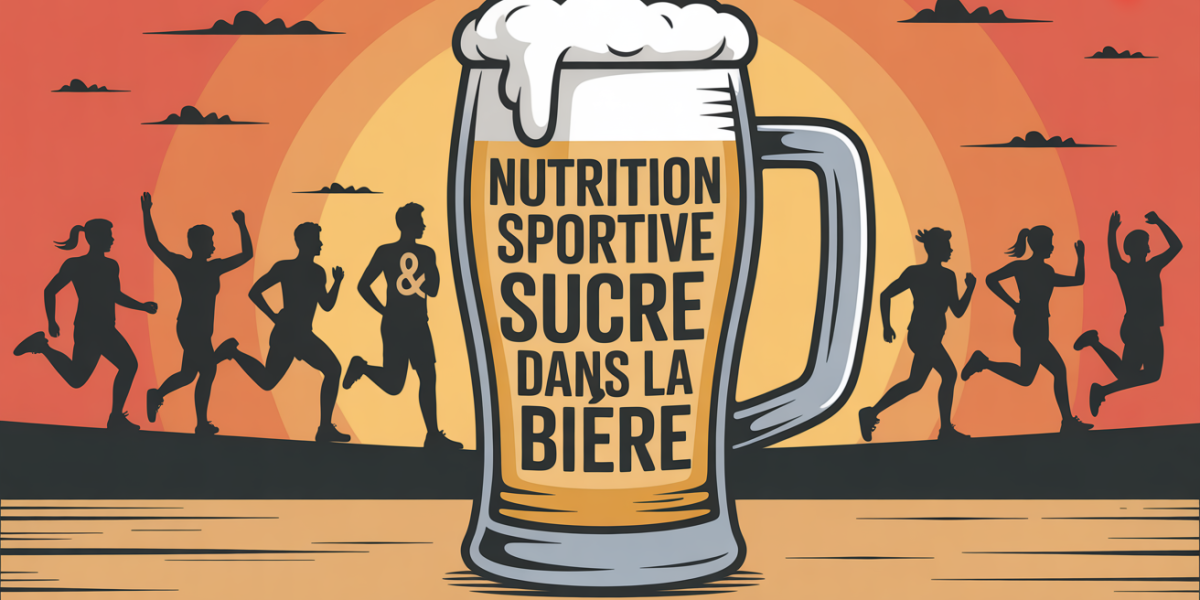 Pinte de bière avec silhouettes sportives et texte nutrition sportive sucre bière