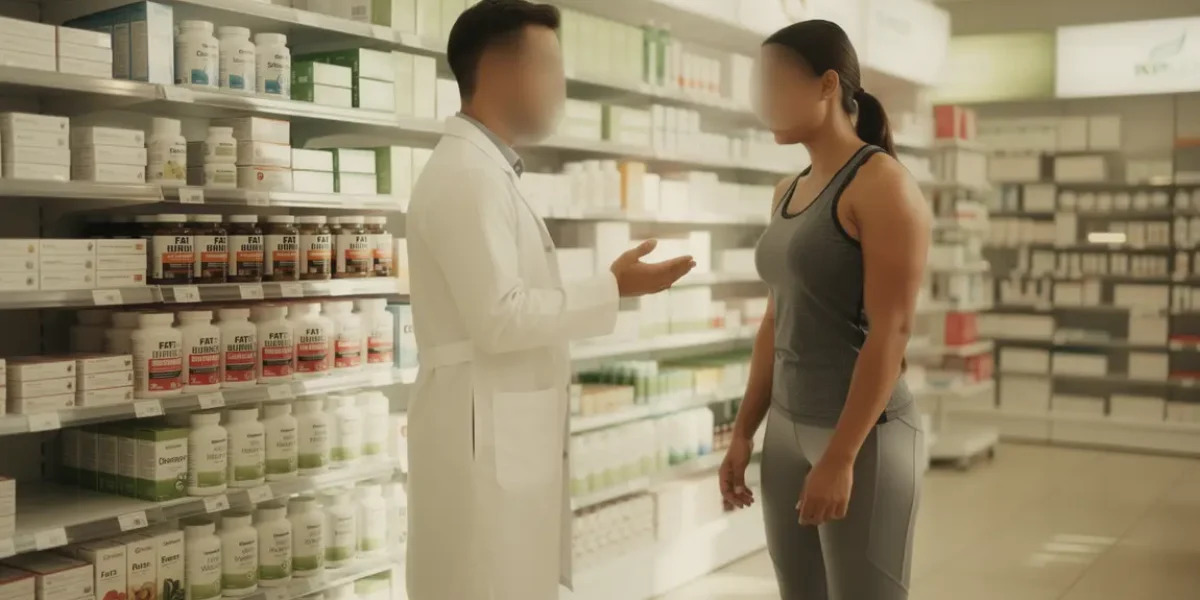 Pharmacien conseillant brûleurs de graisse à un sportif