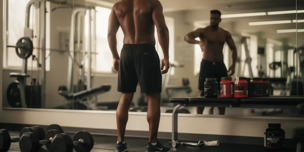 Sportif regardant son abdomen avec compléments brûleur de graisse