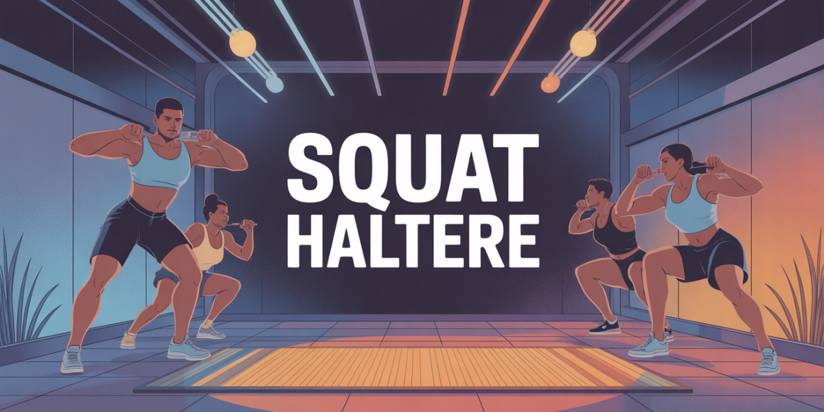 Personnages faisant un squat haltère sur tapis, ambiance dynamique
