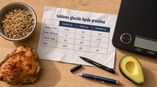 Tableau glucide lipide proteine pour 30 aliments clés