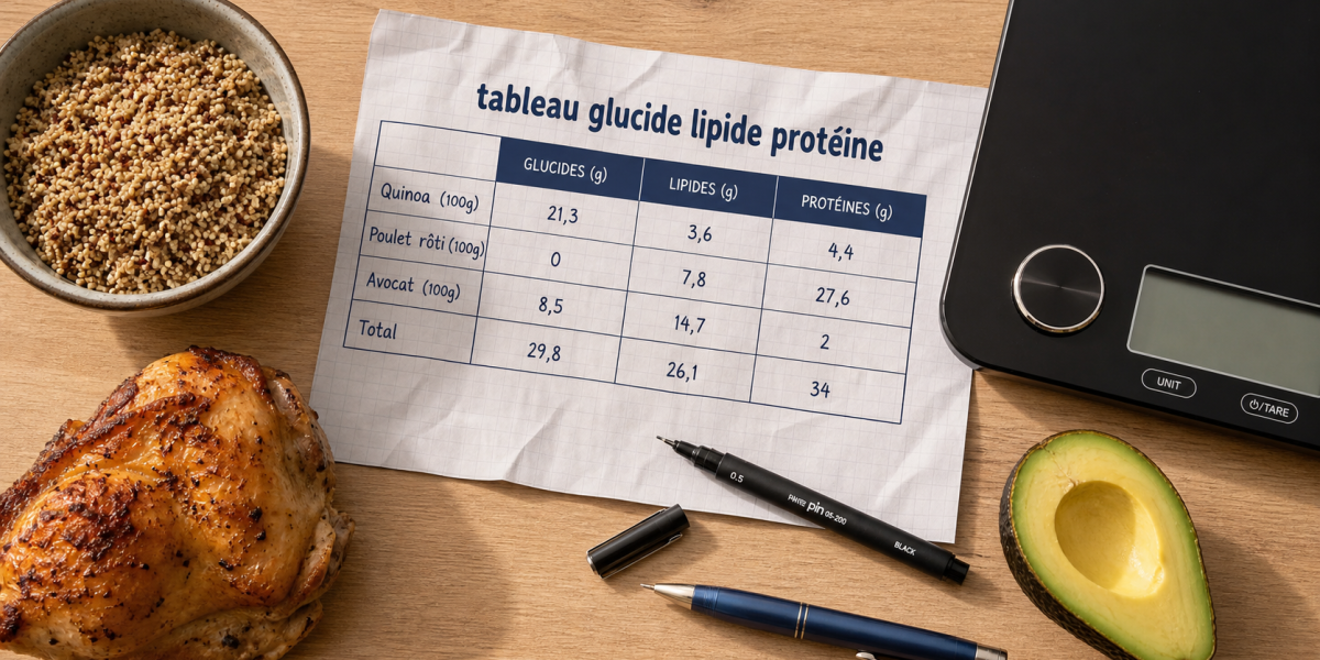 Tableau glucide lipide proteine pour 30 aliments clés