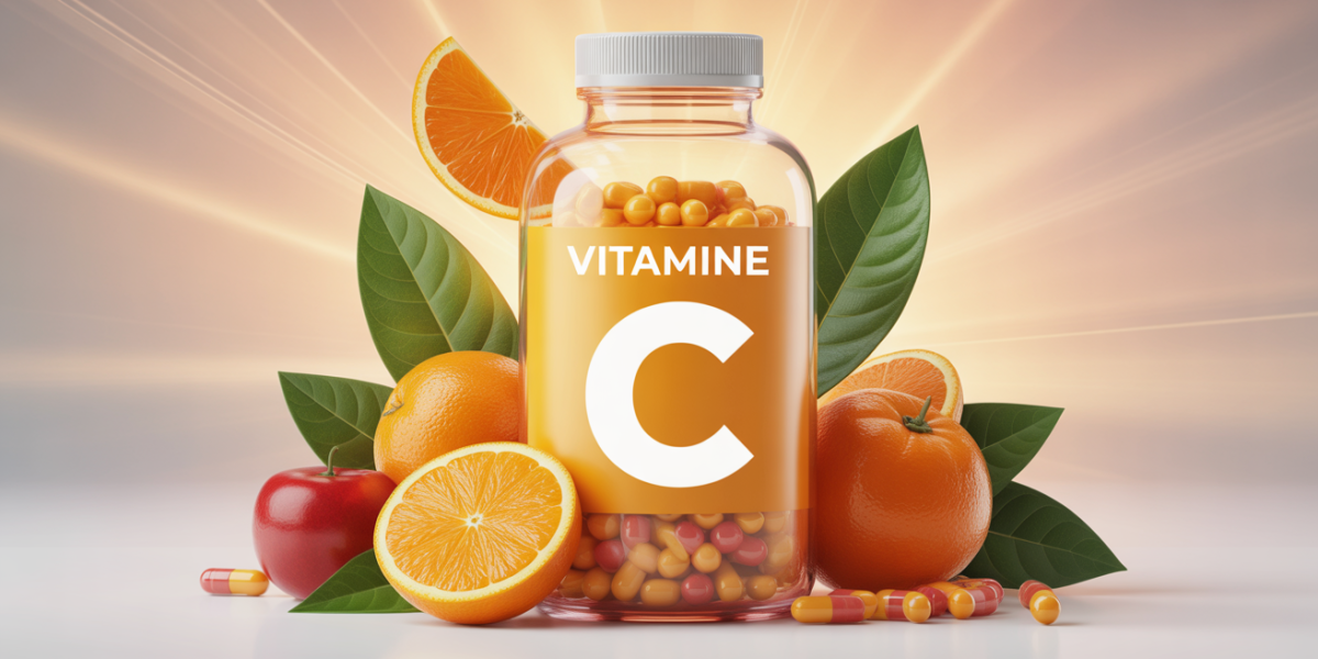 Flacon vitamine C entouré de fruits oranges et rouges, capsules et élément naturel, ambiance vitalité.
